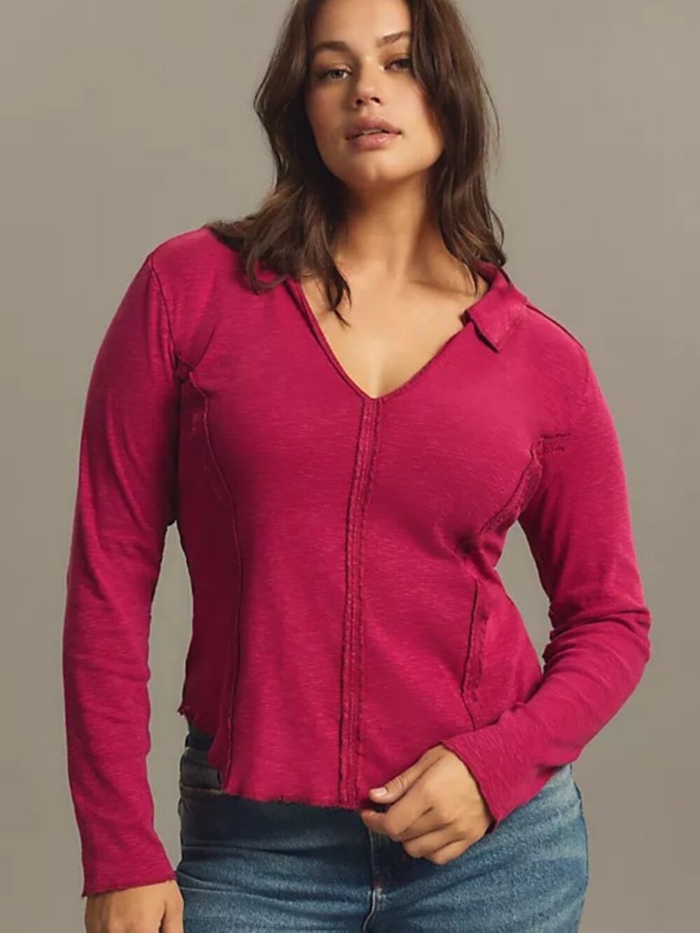 Pilcro Stitched Long-Sleeve Top Cotton Blend Collared in Pink/Purple XL